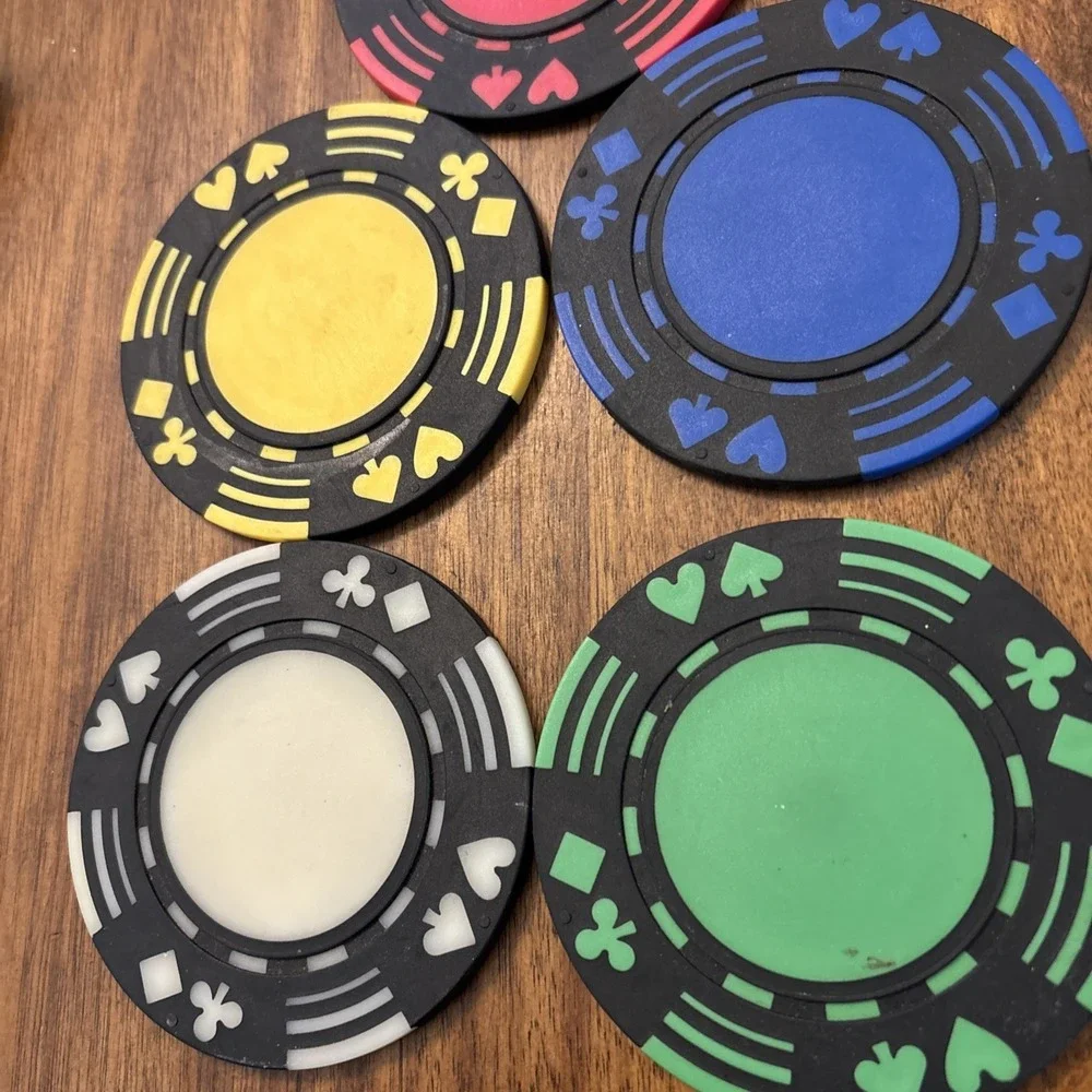 5 Poker Chip‎ Drink Coasters Beverage Casino Red Green Yellow Blue White